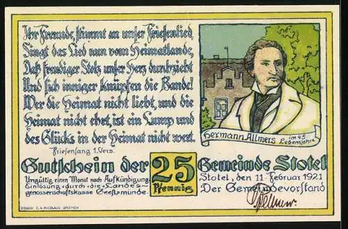 Notgeld Stotel 1921, 25 Pfennig, Illustration einer Burg mit See und Porträt von Hermann Allmers