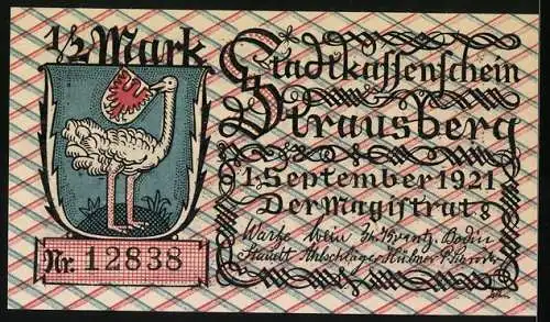 Notgeld Strausberg, 1921, 1 /2 Mark, Stadtkassenschein Strausberg, Illustration von Belagerung mit Ritter auf Pferd