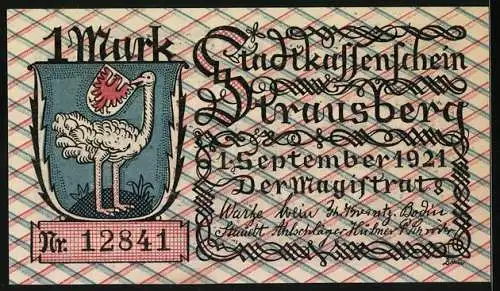 Notgeld Strausberg, 1921, 1 Mark, Bootsfahrt auf dem Straussee und Stadtwappen, Nr. 12841