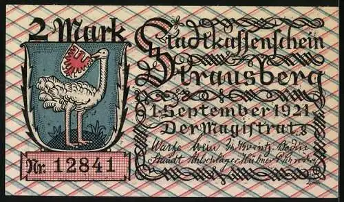 Notgeld Strausberg, 1921, 2 Mark, Illustration von Wallenstein auf dem Marienberg