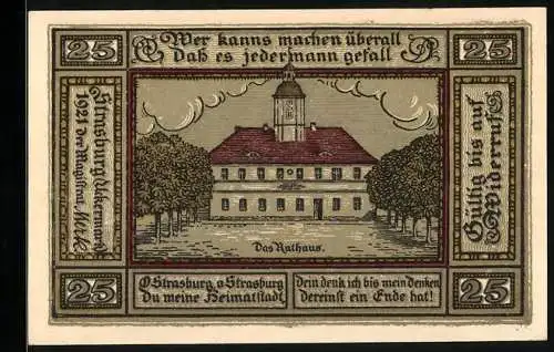 Notgeld Strasburg Uckermark, 1921, 25 Pfennig, Rathaus und Stadtwappen mit Stadtlandschaft