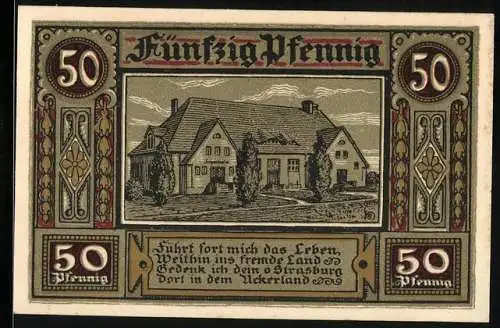 Notgeld Strasburg Uckermark, 1921, 50 Pfennig, Gebäude und Wappenansicht
