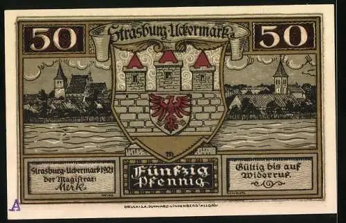 Notgeld Strasburg Uckermark, 1921, 50 Pfennig, Gebäude und Wappenansicht