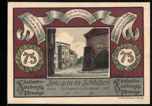 Notgeld Striegau in Schlesien, 1921, 75 Pfennig, Strasse, Portrait Friedrich der Grosse