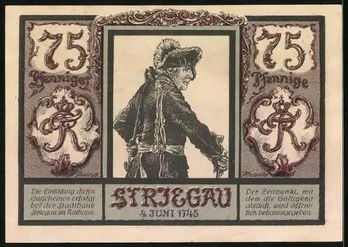 Notgeld Striegau in Schlesien, 1921, 75 Pfennig, Strasse, Portrait Friedrich der Grosse