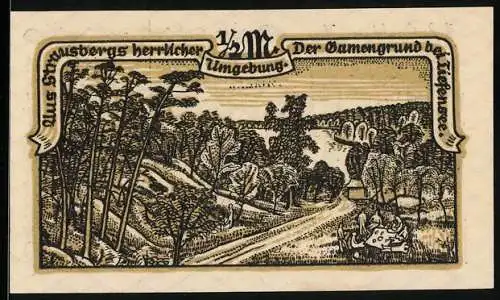 Notgeld Strausberg 1921, 1 /2 Mark, Landschaft und Wappen mit Vogelmotiv