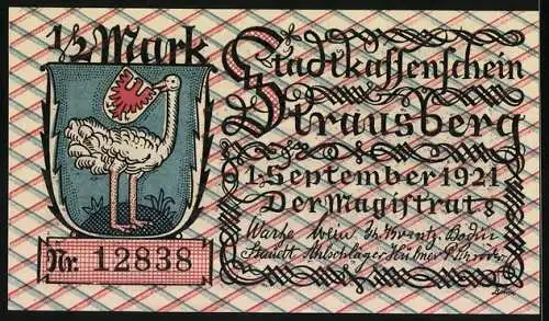 Notgeld Strausberg 1921, 1 /2 Mark, Landschaft und Wappen mit Vogelmotiv