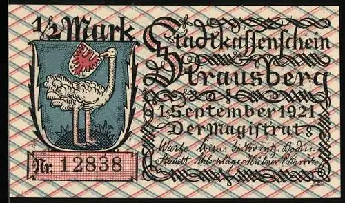 Notgeld Strausberg, 1921, 1 /2 Mark, Stadtkassenschein mit Wappen Friedrich de Grosse & Kutsche mit Radpanne