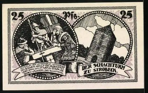 Notgeld Ströbeck 1921, 25 Pf, Gutschein der Schachturm und Wappen