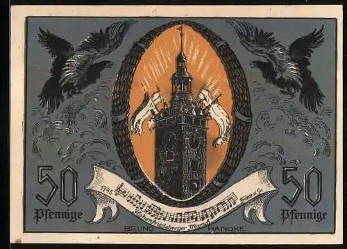Notgeld Striegau 1921, 50 Pfennig, Turm und historisches Porträt Friedrich der Grosse