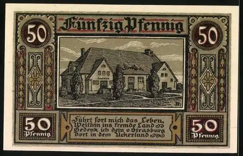 Notgeld Strasburg-Uckermark 1921, 50 Pfennig, Stadtwappen und Gebäude Abbildungen