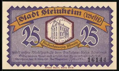 Notgeld Steinheim (Westf.), 1921, 25 Pfennig, Gebäude der Stadtsparkasse und Landschaftsansicht