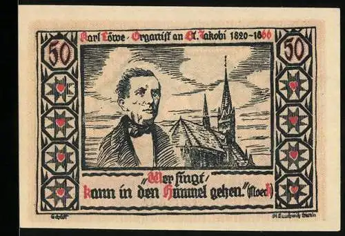 Notgeld Stettin 1922, 50 Pfennig, Karl Löwe mit Kirche und Schiff