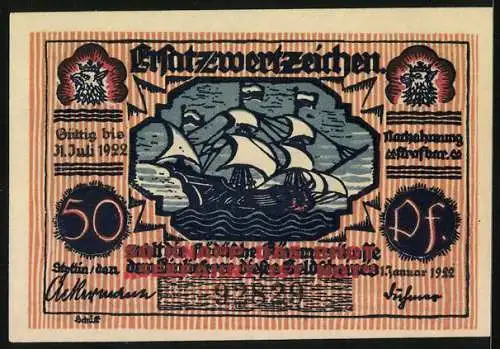 Notgeld Stettin 1922, 50 Pfennig, Karl Löwe mit Kirche und Schiff