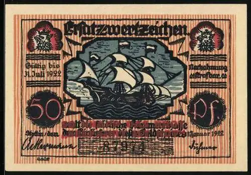 Notgeld Stettin, 1922, 50 Pf, Segelschiff auf Vorderseite, Karl Löwe und Kirche auf Rückseite