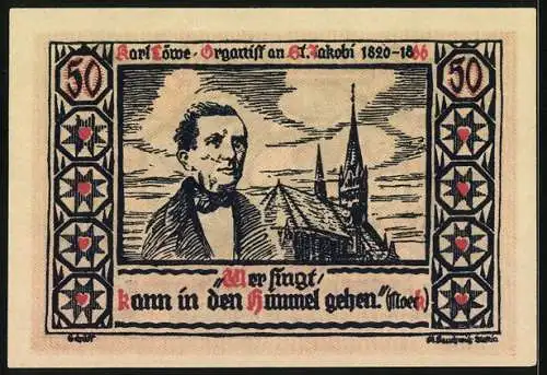 Notgeld Stettin, 1922, 50 Pf, Segelschiff auf Vorderseite, Karl Löwe und Kirche auf Rückseite