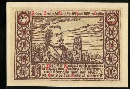 Notgeld Stettin 1922, 25 Pfennig, Robert Prutz Portrait und Segelschiff Illustration