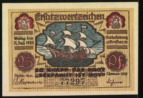 Notgeld Stettin 1922, 25 Pfennig, Robert Prutz Portrait und Segelschiff Illustration