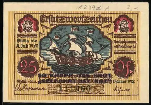 Notgeld Stettin 1922, 25 Pf, Ersatzwertzeichen mit Schiff und Robert Dutz Porträt