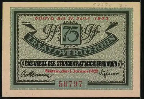 Notgeld Stettin 1922, 75 Pfennig, Deutschlands grösster Ostseehafen mit Hafen und Gebäuden