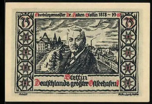 Notgeld Stettin 1922, 75 Pfennig, Porträt von Dr. Haken und Deutschlands grösster Ostseehafen