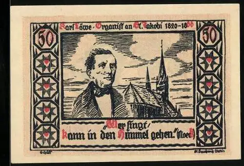 Notgeld Stettin 1922, 50 Pfennig, Karl Löwe Porträt und Segelschiffszene
