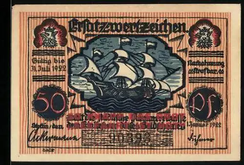 Notgeld Stettin 1922, 50 Pf, Schiff und Portrait von Carl Loewe auf der Rückseite