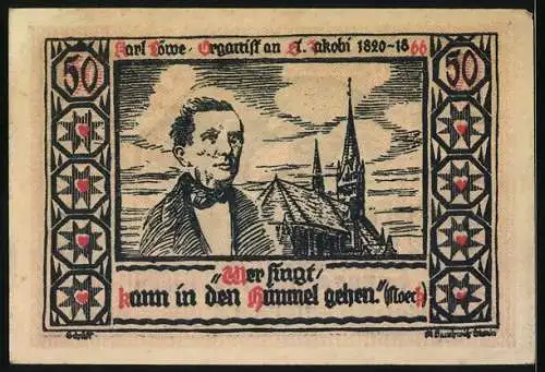 Notgeld Stettin 1922, 50 Pf, Schiff und Portrait von Carl Loewe auf der Rückseite