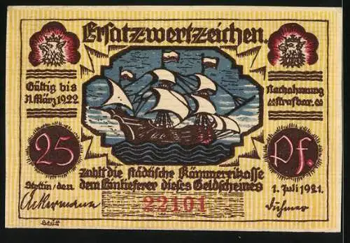 Notgeld Stettin 1921, 25 Pfennig, Robert Brutz und Segelschiff