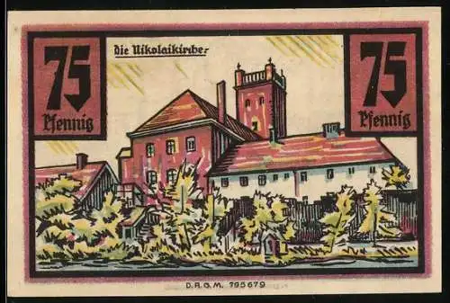 Notgeld Stolp i. Pommern, 75 Pfennig, Stadtansicht und Wappen der Stadt