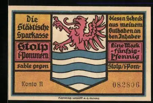 Notgeld Stolp i/Pommern, 1920, 1,50 Mark, Stadtwappen und Porträt von Heinrich von Stephan