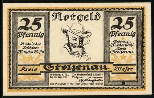 Notgeld Stolzenau 1921, 25 Pfennig, Bildnis des Dichters Wilhelm Busch, Landkreis Stolzenau Weser