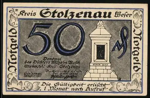 Notgeld Stolzenau, 1921, 50 Pfennig, Denkmal des Dichters Wilhelm Busch und Trinkspruch