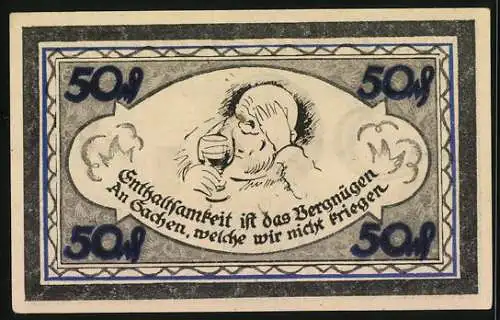 Notgeld Stolzenau, 1921, 50 Pfennig, Denkmal des Dichters Wilhelm Busch und Trinkspruch