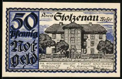 Notgeld Stolzenau 1921, 50 Pfennig, Altes Schloss mit Reiter und Versammlungsszene