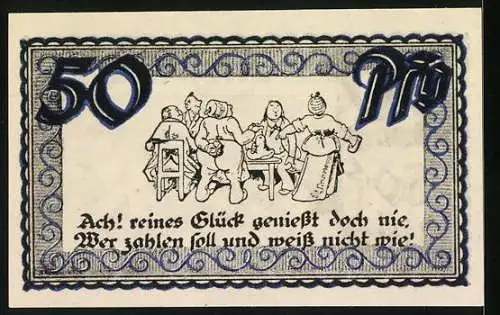 Notgeld Stolzenau 1921, 50 Pfennig, Altes Schloss mit Reiter und Versammlungsszene