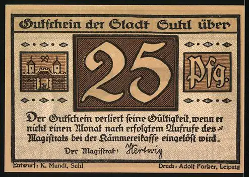 Notgeld Suhl, 25 Pfennig, Schützenfest-Motiv mit Büchse und Stadtwappen