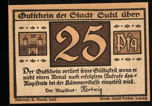 Notgeld Suhl, 25 Pfennig, Gutschein mit Gewehrillustration von 1921, entworfen von K. Mundt, gedruckt von Adolf Forker