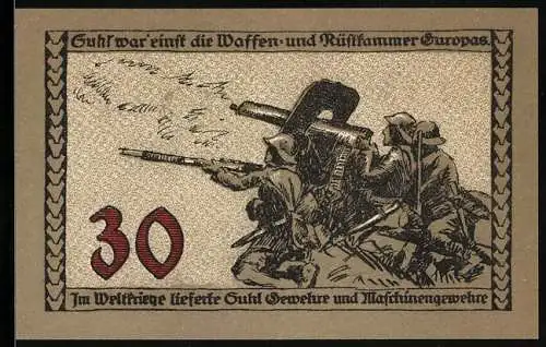 Notgeld Suhl, 30 Pfennig, Soldaten mit Gewehren und Kriegerdenkmal