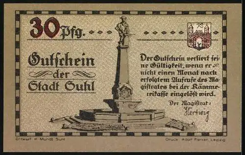 Notgeld Suhl, 30 Pfennig, Soldaten mit Gewehren und Kriegerdenkmal