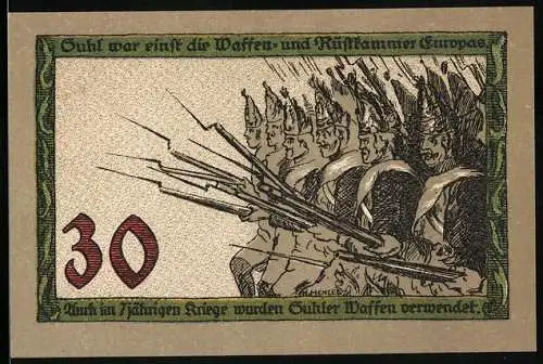 Notgeld Suhl, 30 Pfennig, Soldaten mit Bajonetten und Denkmal