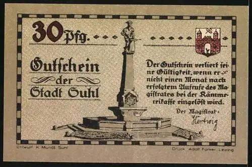 Notgeld Suhl, 30 Pfennig, Soldaten mit Bajonetten und Denkmal