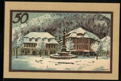 Notgeld Suhl, 50 Pfennig, Winterliche Stadtansicht mit Brunnen und Rathaus