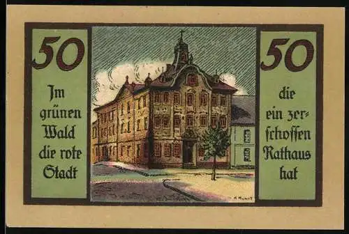 Notgeld Suhl, 50 Pfennig, Rathaus und Stadtwappen auf beige Hintergrund