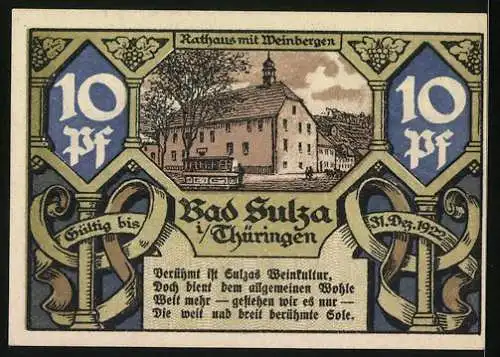 Notgeld Bad Sulza 1921, 10 Pfennig, Stadtansicht mit Gebäuden und Weinstuben