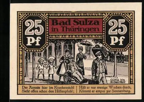 Notgeld Bad Sulza, 1921, 25 Pf, Szene mit Gehbehindertem und Kindern /Sonnenburg in Thüringen, gültig bis 31. Dez. 1922