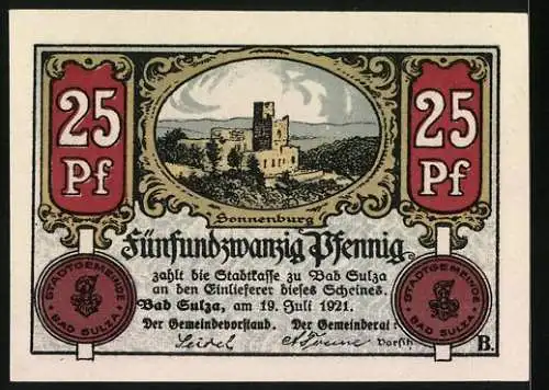 Notgeld Bad Sulza, 1921, 25 Pf, Szene mit Gehbehindertem und Kindern /Sonnenburg in Thüringen, gültig bis 31. Dez. 1922