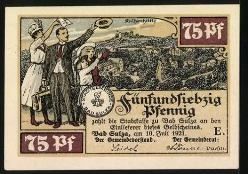 Notgeld Bad Sulza 1921, 75 Pf, Gradierwerke, Stadtansicht mit Menschen und Kuranlage