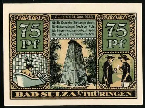 Notgeld Bad Sulza 1922, 75 Pf, Badewanne mit Frau und Karl-Alexander-Sophienquelle, Schlangen und Justitia mit Waage