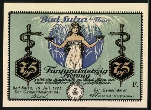 Notgeld Bad Sulza 1922, 75 Pf, Badewanne mit Frau und Karl-Alexander-Sophienquelle, Schlangen und Justitia mit Waage